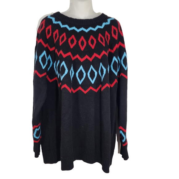 Lane Bryant Sweater Womens 22/24 Black Blue Red Fair Isle Jacquard Knit Crewneck - Picture 1 of 11